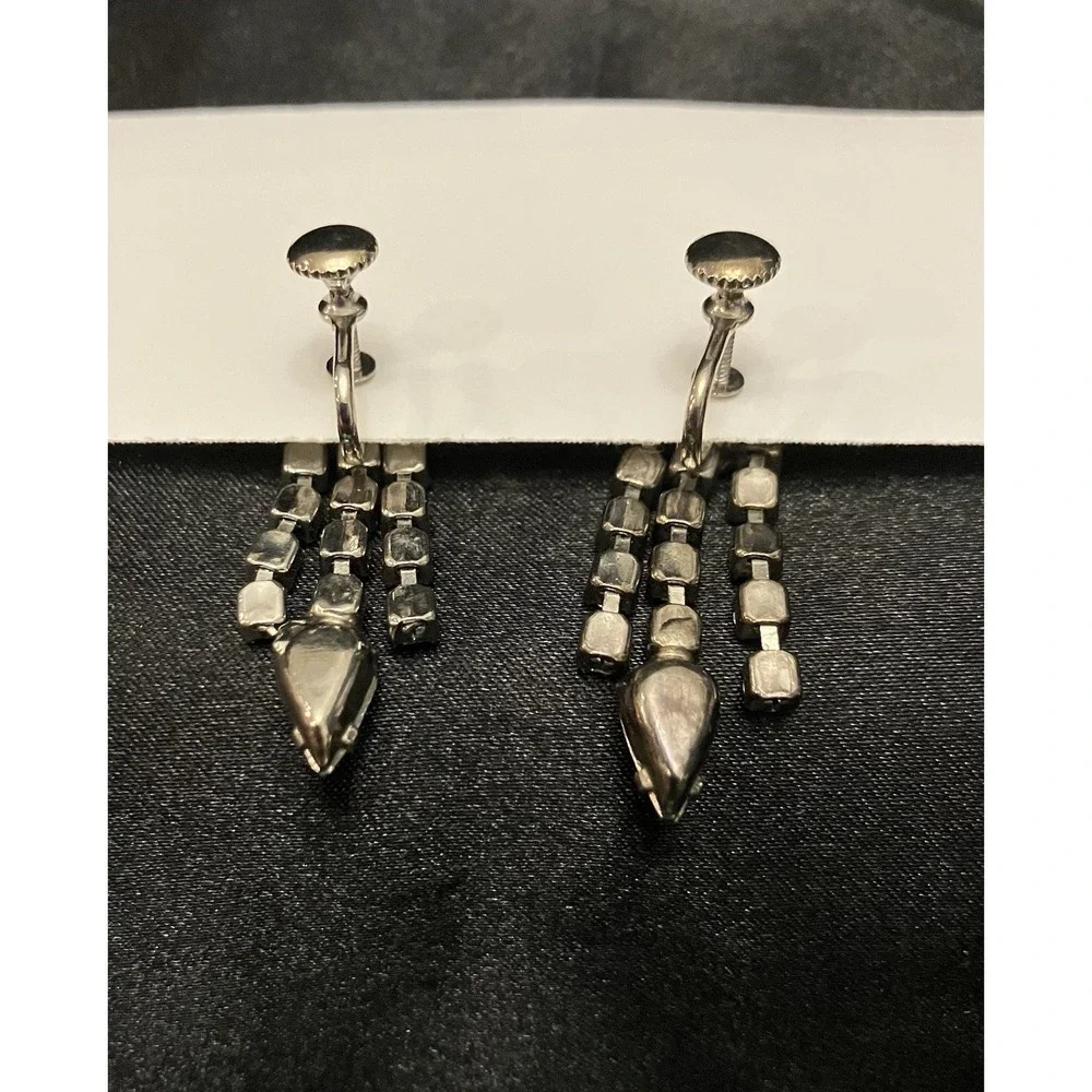 Baguette Blue Crystal Silver Tone Clip On Waterfall Chandelier Vintage Earrings